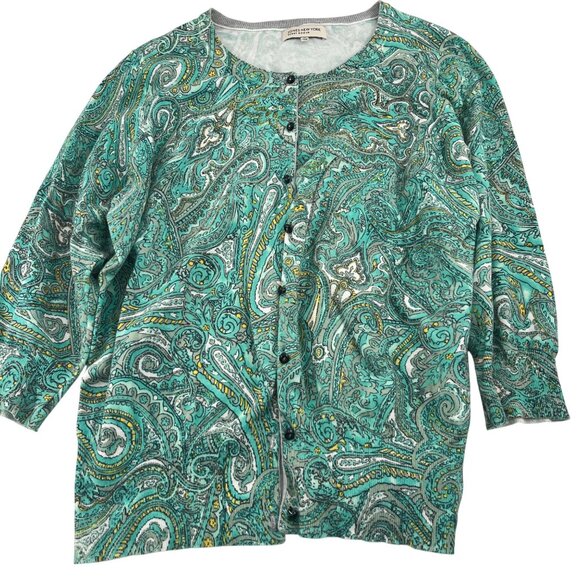 Jones New York Sport Woman 3X Cardigan Sweater Green Paisley Print Cotton/Nylon - Picture 1 of 5
